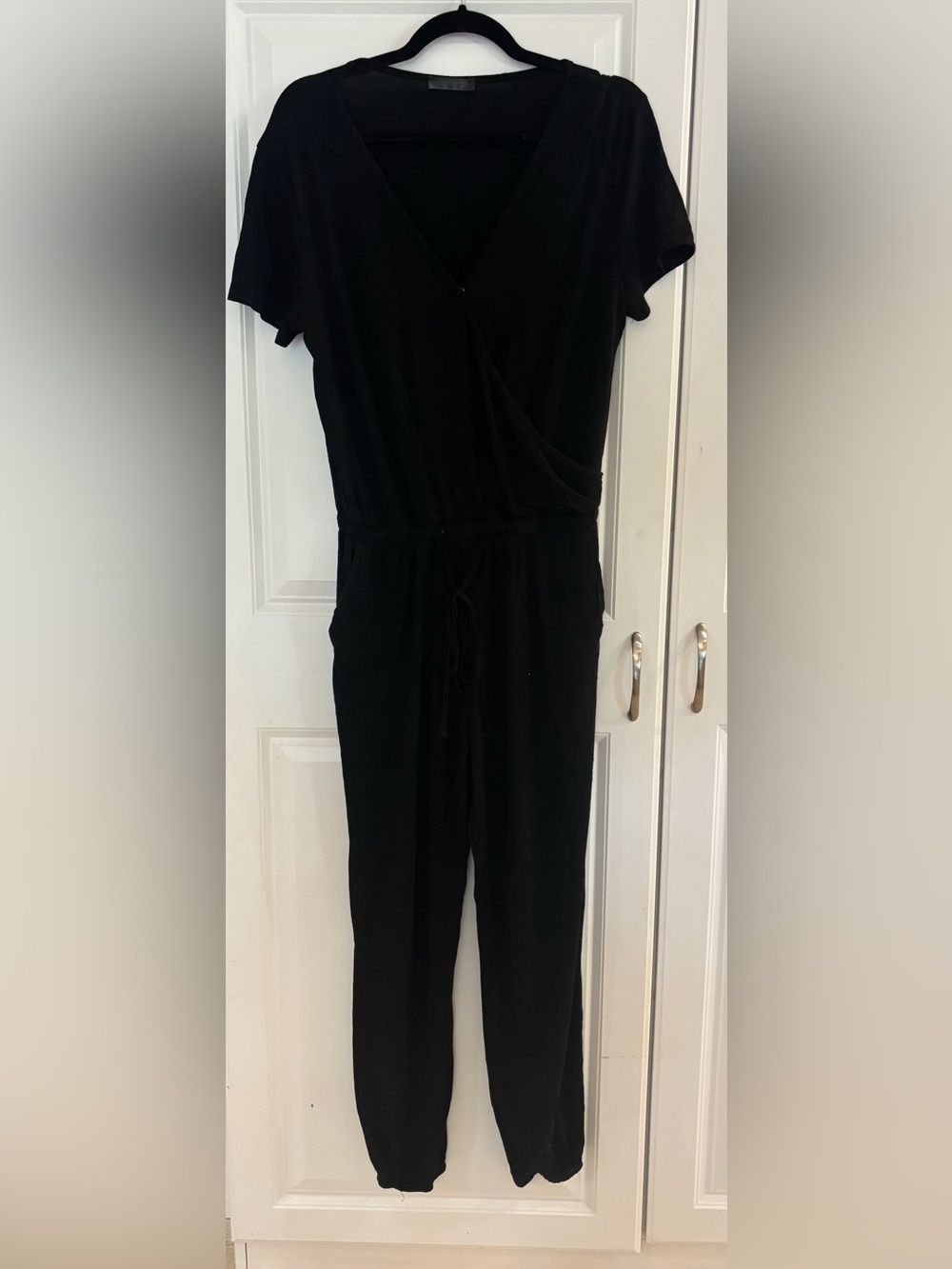 Classic Black Short-Sleeve V-Neck Jumpsuit with Drawstring Waist